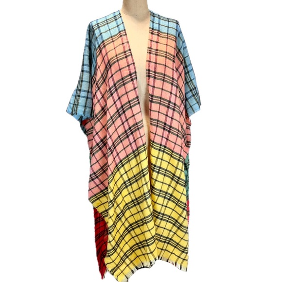Plaid multicolor wrap scarf cape duster long‎ maxi rainbow colorblock new y2k - Picture 3 of 10